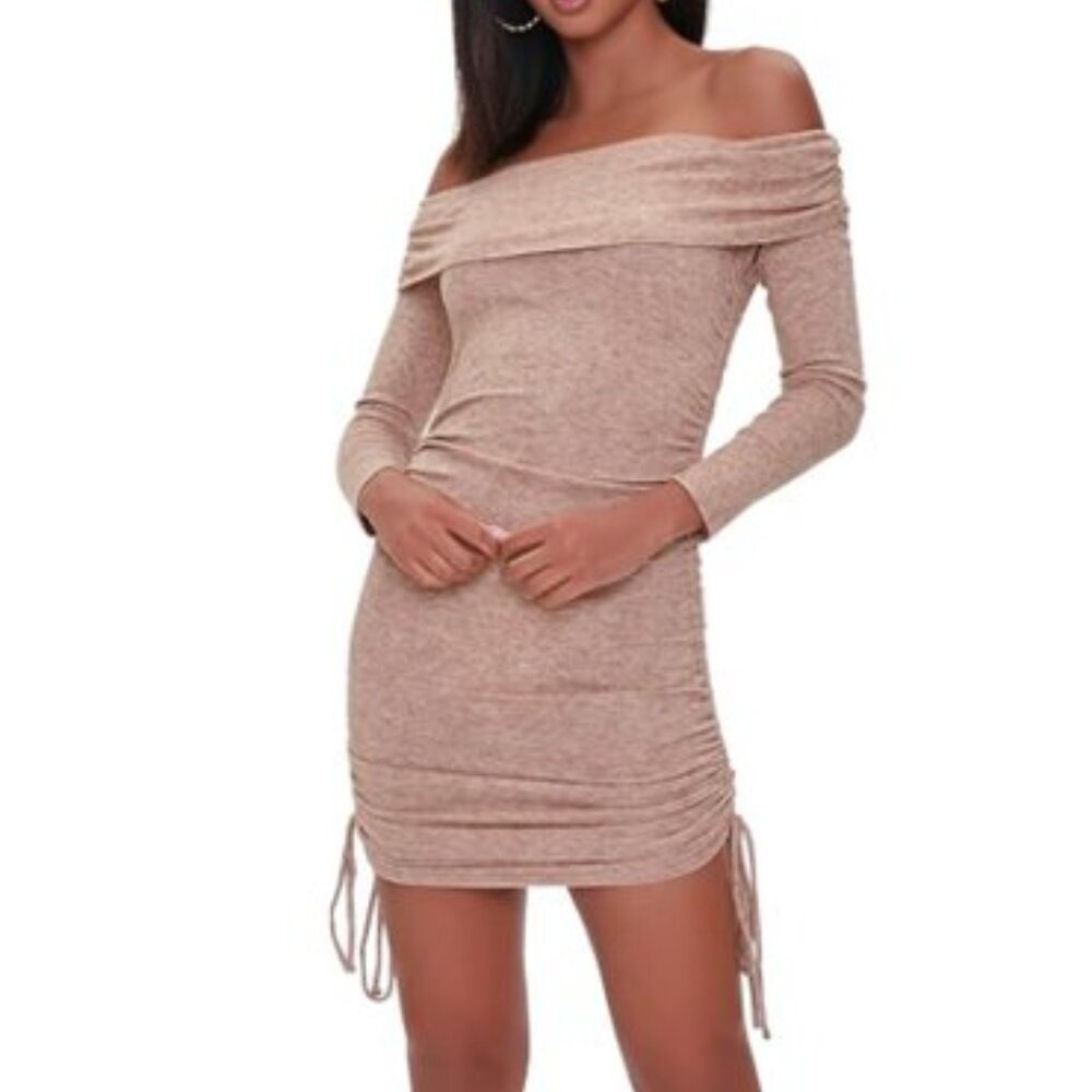 forever 21 ruched bodycon dress 3/$20 Bundle •Forever OffShoulder Knit Mini Camel M Color:Optional (ivory/ivory) drop waist charcoal gray convertible dress Amanda Uprichard X REVOLVE